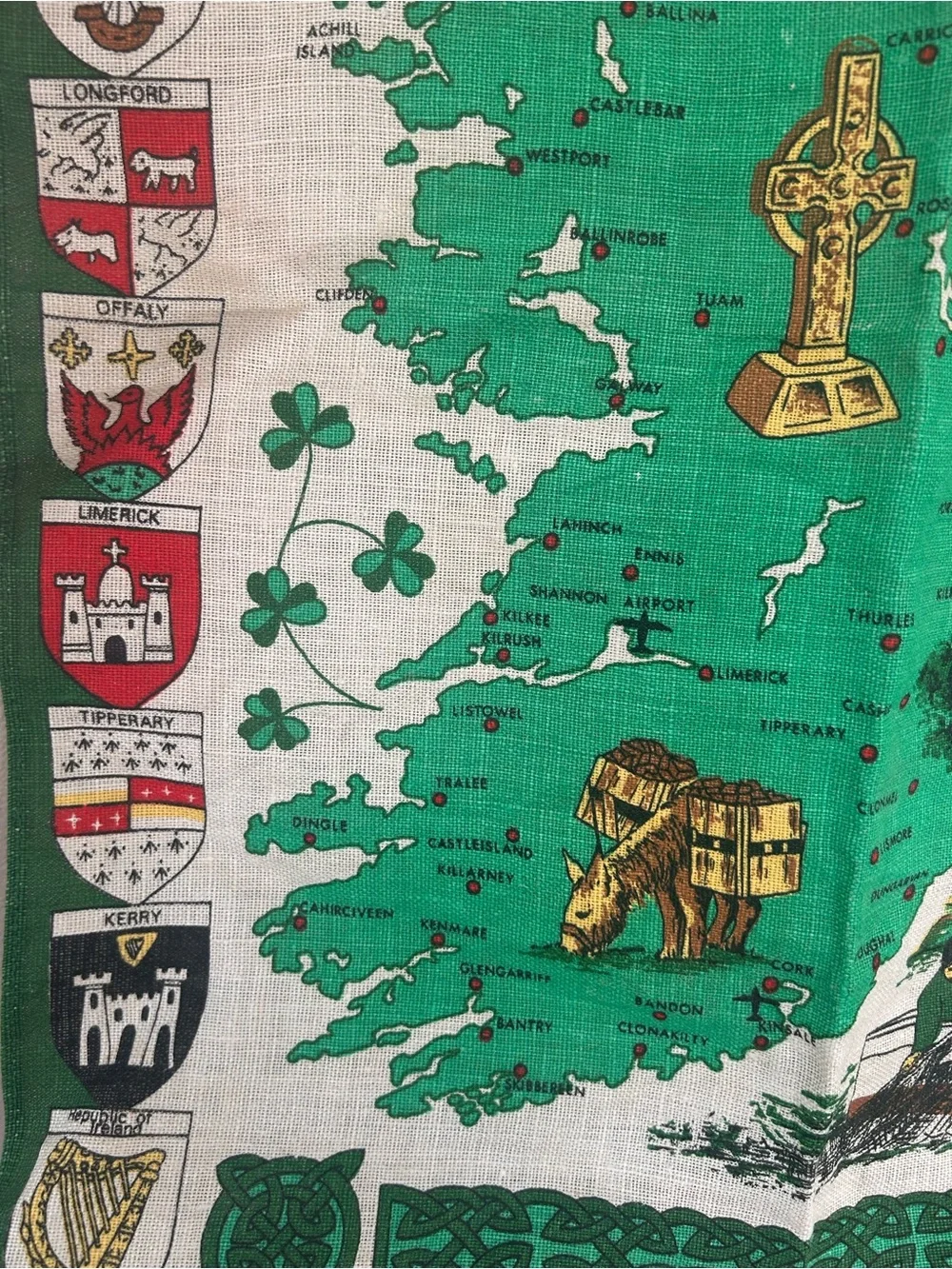 Vintage Fingal Irish Linen Map of Ireland Tea Towel w/Coat of Arms